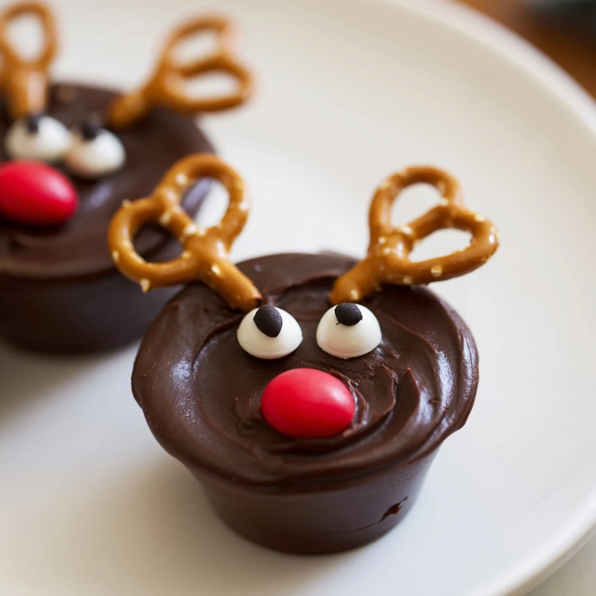 A festive food board presents chocolate reindeer pudding cups with pretzels and candies, ready to enjoy.