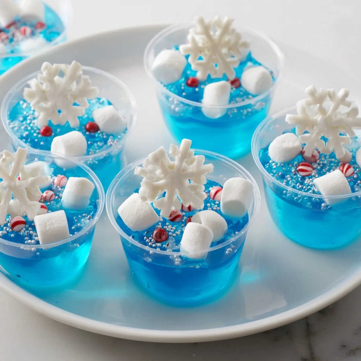 Festliche Snow Globe Jello Cups, ein farbenfrohes Dessert mit Mini-Marshmallows und Schneeflocken-Streuseln.
