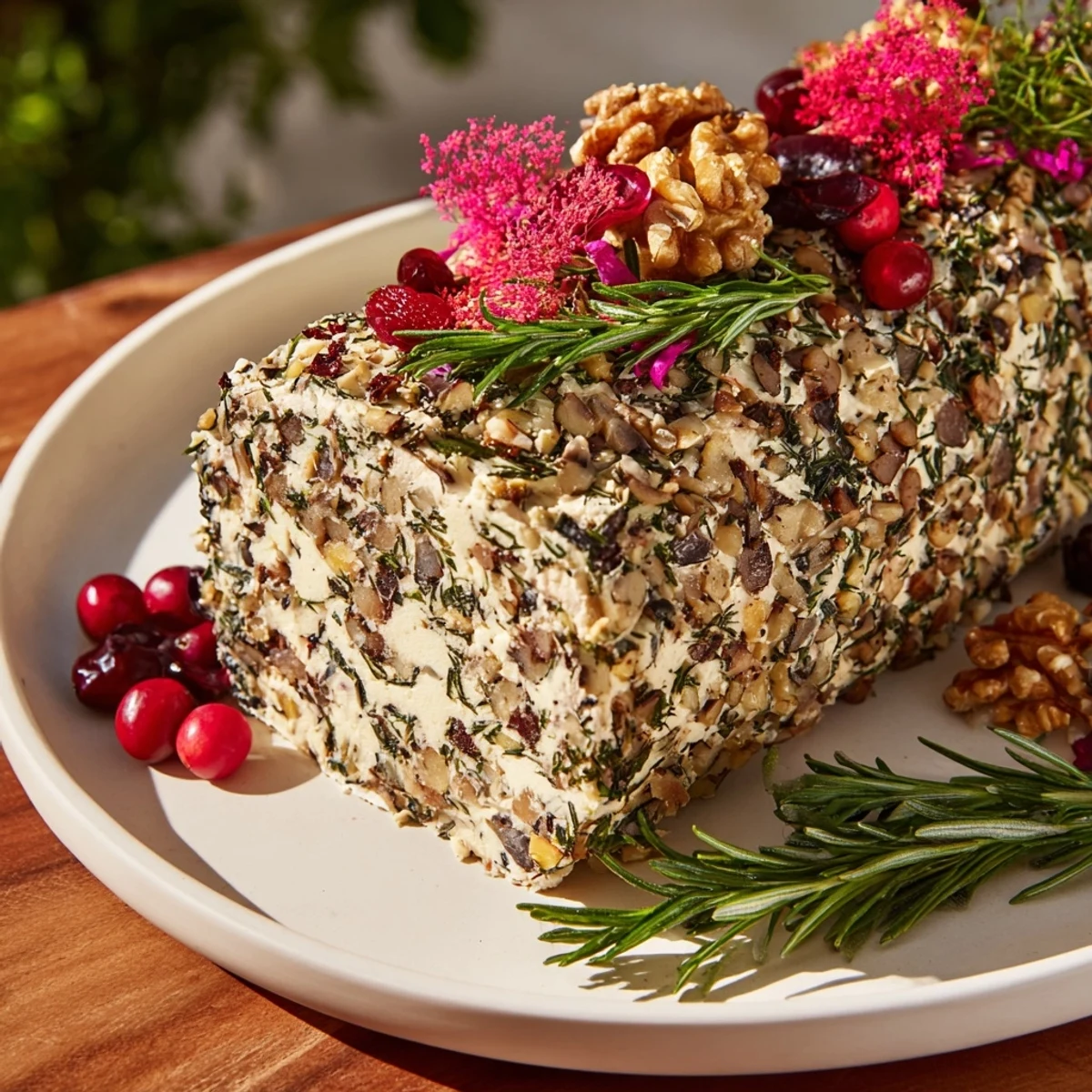 Festive Yuletide Log Cheese Centerpiece, a creamy cheese appetizer with vibrant fresh herb garnishes and decorative foliage.