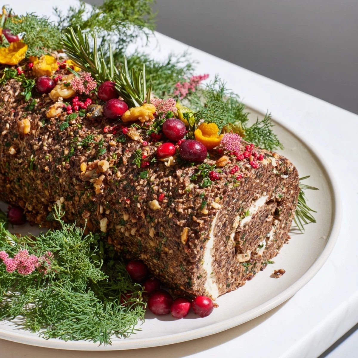 This savory Yuletide Log Cheese Centerpiece shows a detailed, textured roll perfect for a holiday party appetizer display.