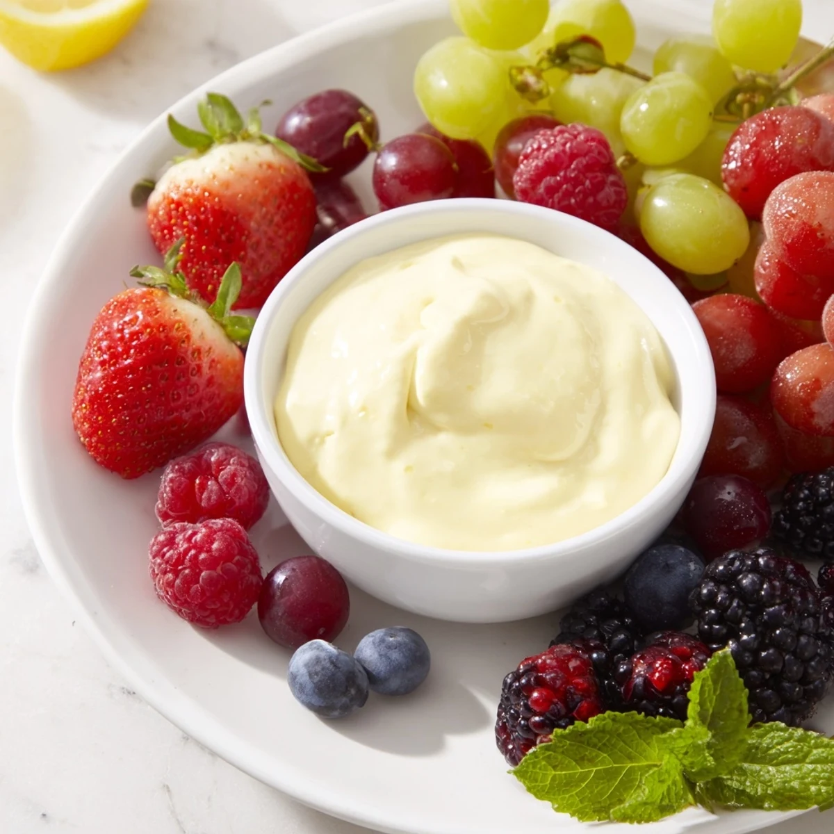 This Mistletoe Kiss Berry Dip Board presents a creamy dip surrounded by bright red strawberries and juicy grapes.