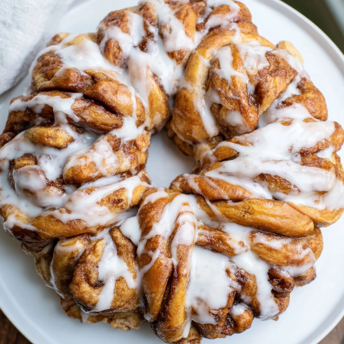 Golden-baked cinnamon roll pull-apart wreath, invitingly arranged, ready for a delicious breakfast.
