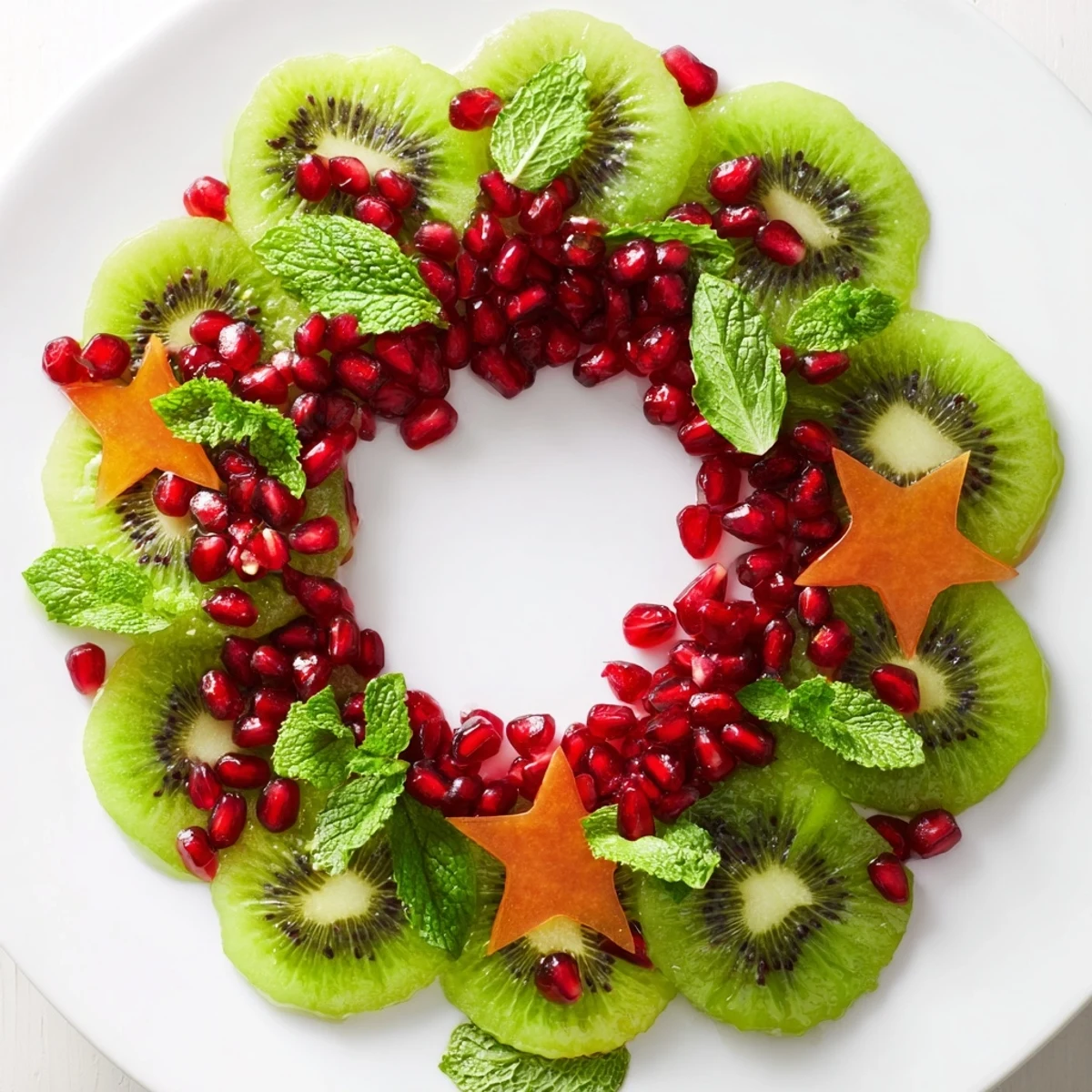 Festive Kiwi and Pomegranate Christmas Wreath Fruit Plate: a vibrant and colorful holiday appetizer ready to enjoy.