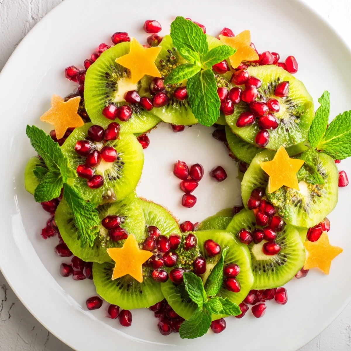 Bright green kiwi and ruby red pomegranate, arranged in a Christmas wreath fruit plate.