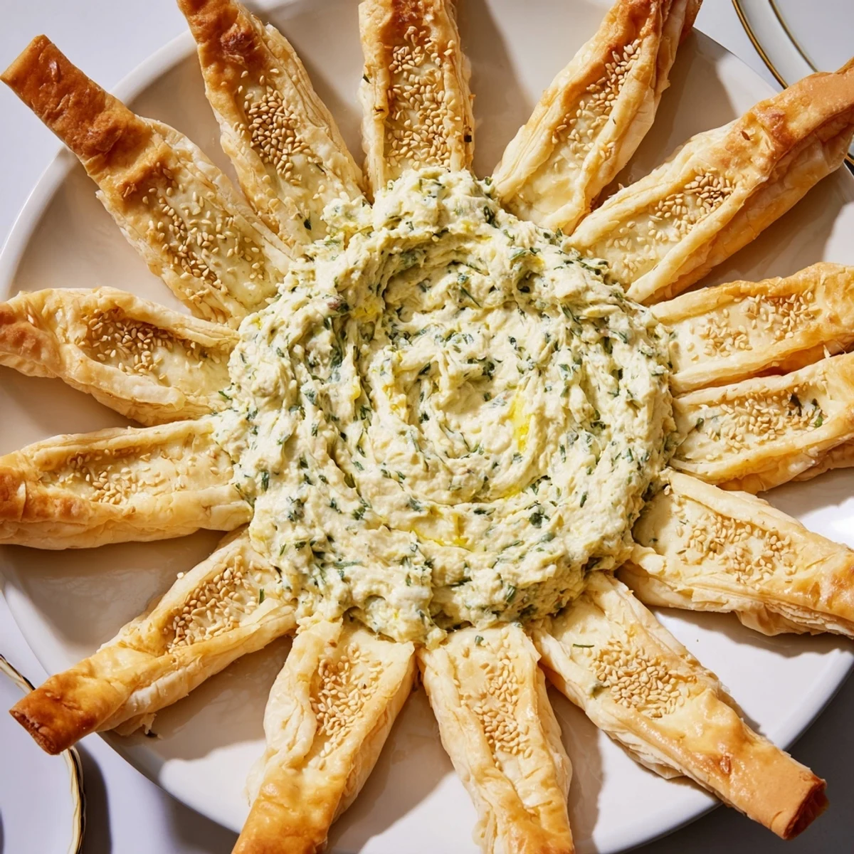 Savory star-shaped pesto dip, ready to be scooped up with flaky, golden-brown pastry crackers.