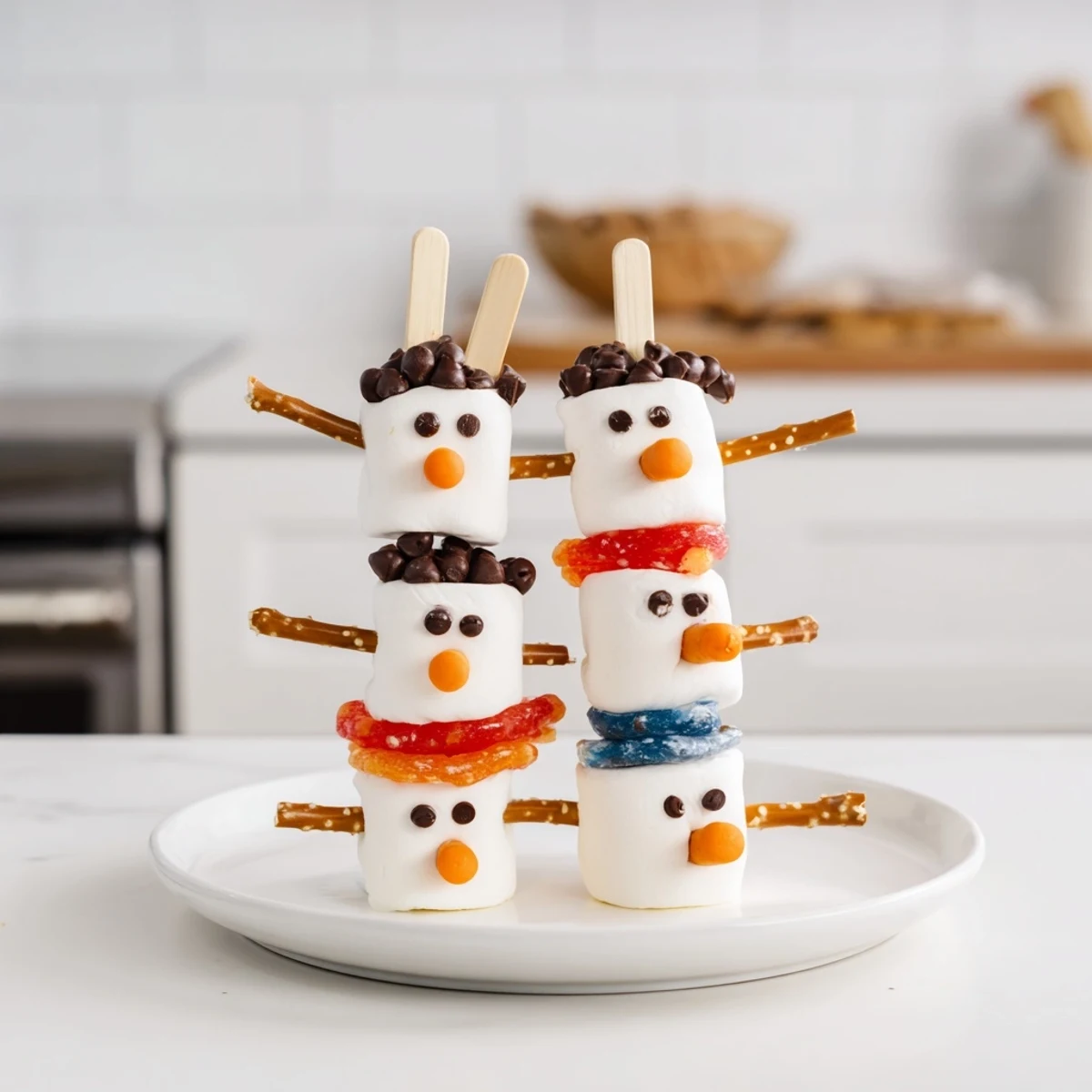 Melting chocolate drizzles onto these marshmallow snowman stick arrangements, a fun and easy winter dessert.