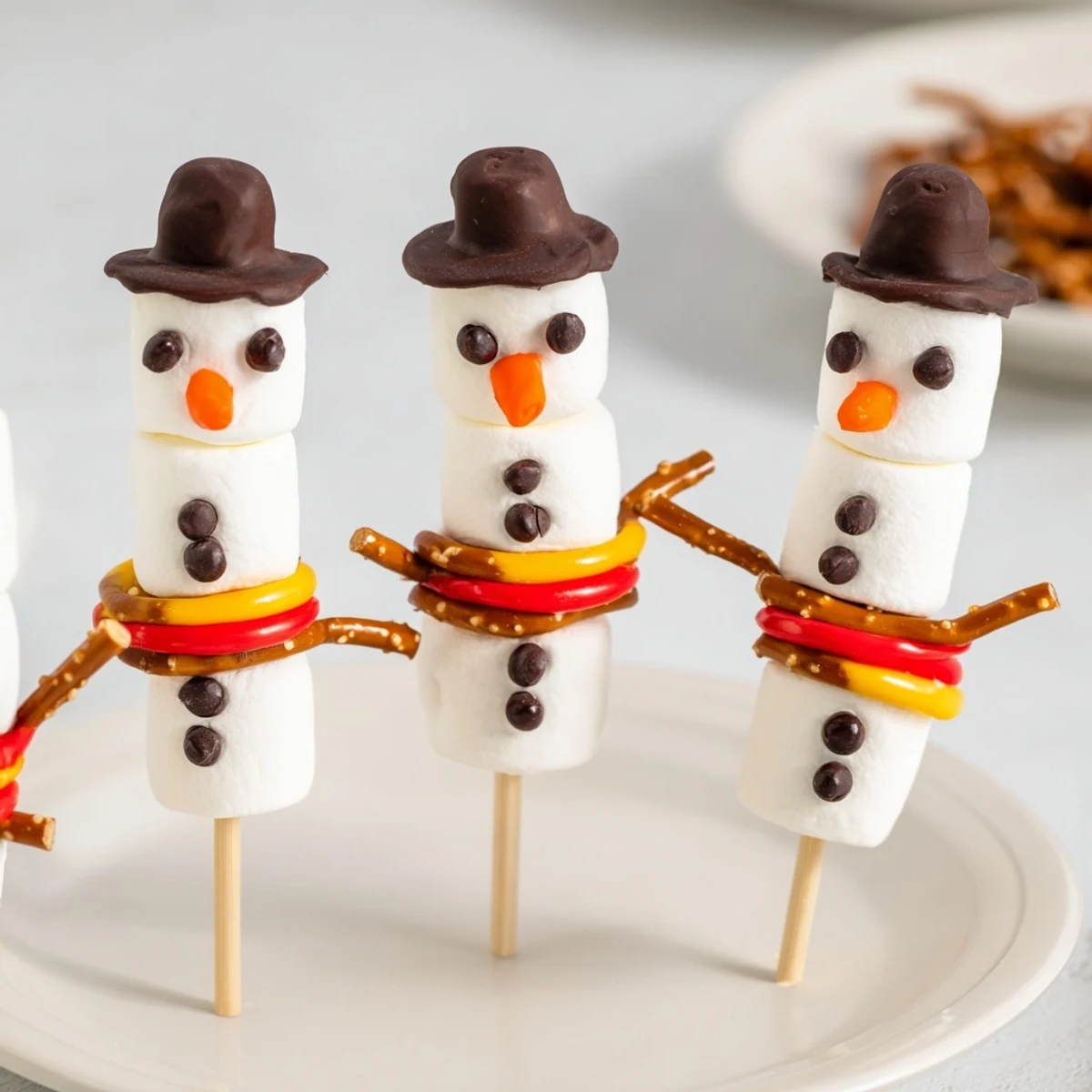 These festive marshmallow snowman stick treats, complete with pretzel arms, are perfect for kids.