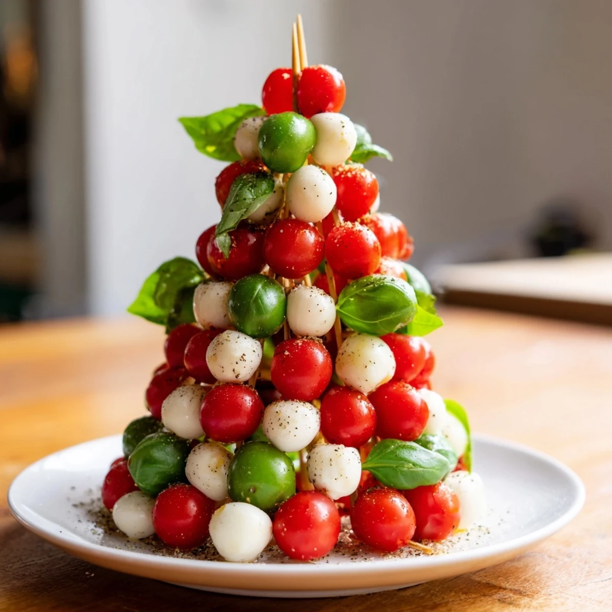A festive Red and Green Caprese Skewer Tree, showcasing juicy tomatoes, mozzarella, and basil.