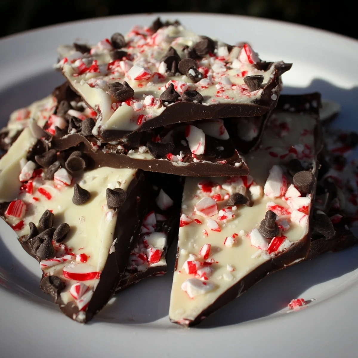 Crushed peppermint candies top a layer of white chocolate in this easy peppermint bark.