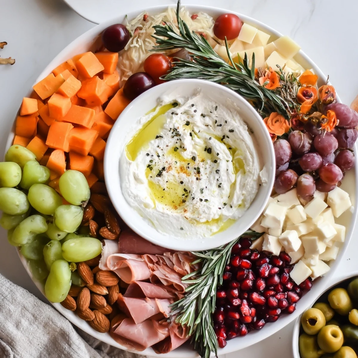 An elegantly arranged Evergreen Wreath Board appetizer, showcasing cheese, fruit, and rosemary branches.
