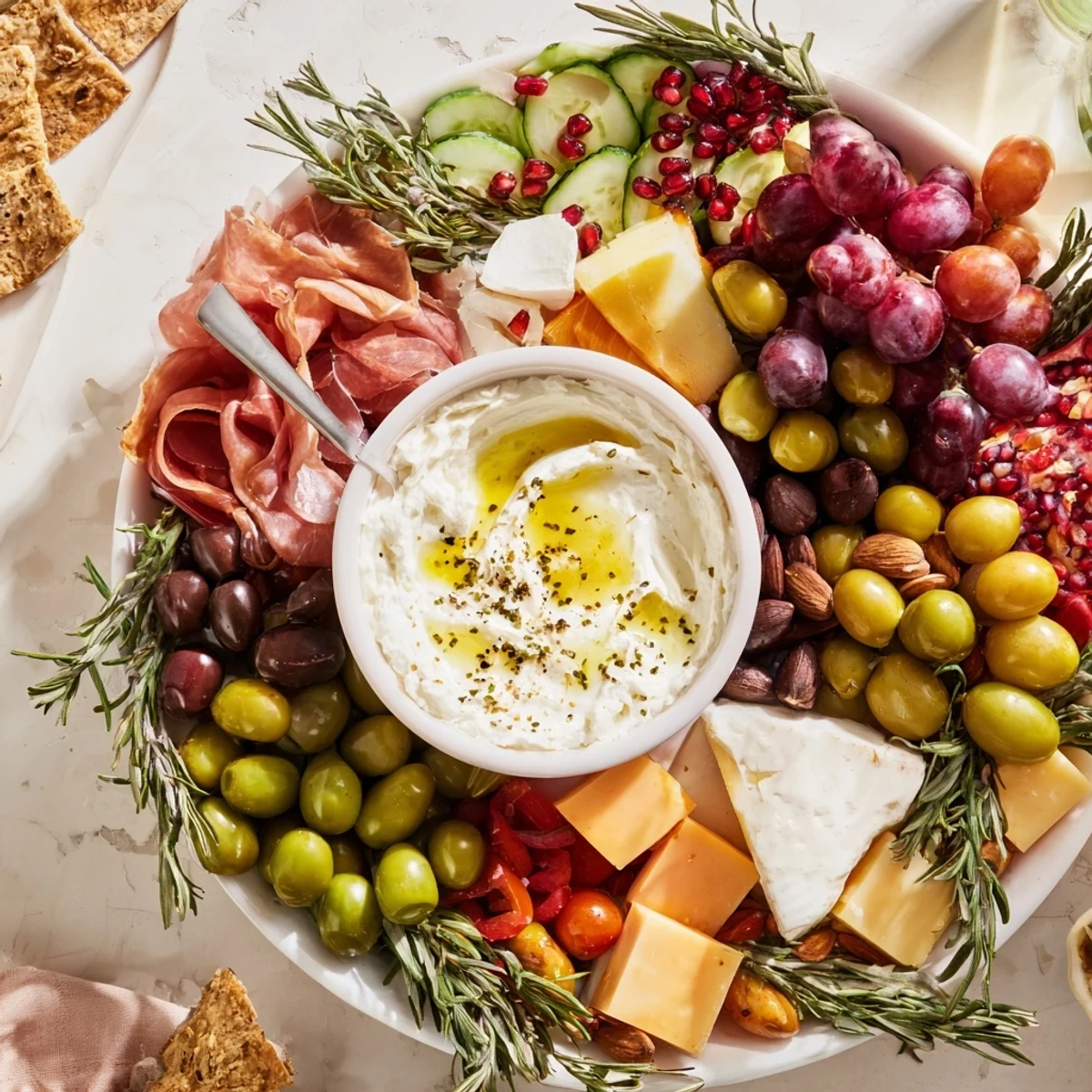 Delicious Evergreen Wreath Board with creamy dip surrounded by vibrant appetizers, ready to serve and enjoy.