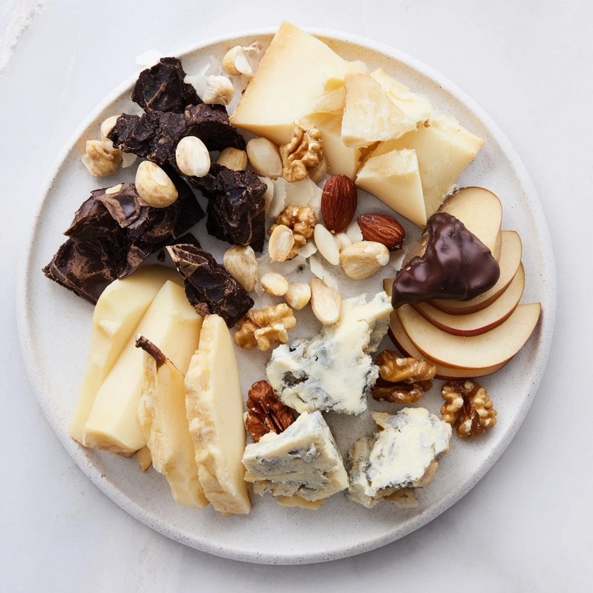 A wooden board displaying Fireside Comfort & Cocoa, a delicious spread of cheeses and dark chocolate.