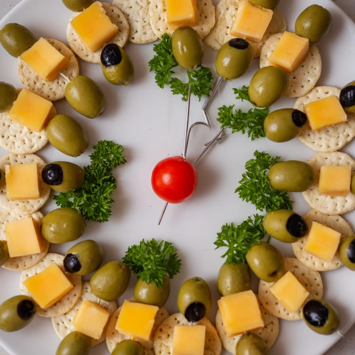 New Years Clock Countdown party platter: Crackers and olives arranged as a clock face, cheese cubes count down to midnight.