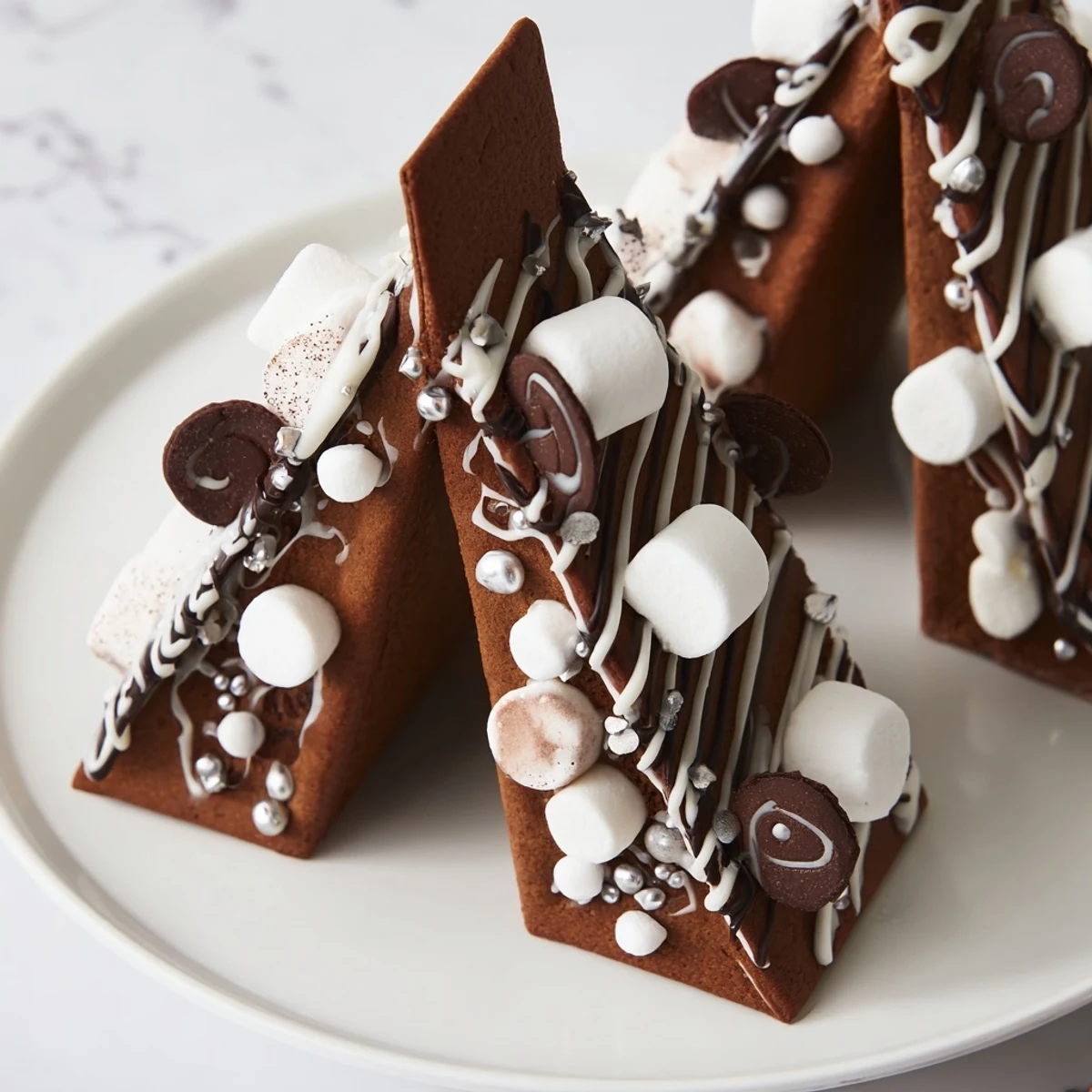 A fully decorated gingerbread house frame, ready to hold holiday treats on a white platter.