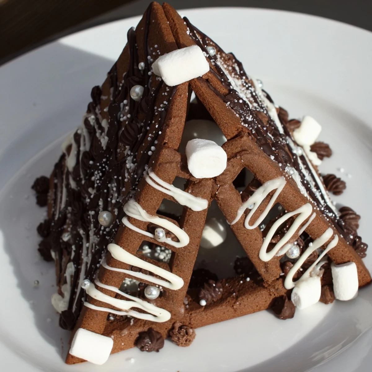 Homemade gingerbread house frame: A tempting array of cookies and candies encircles the architectural gingerbread.