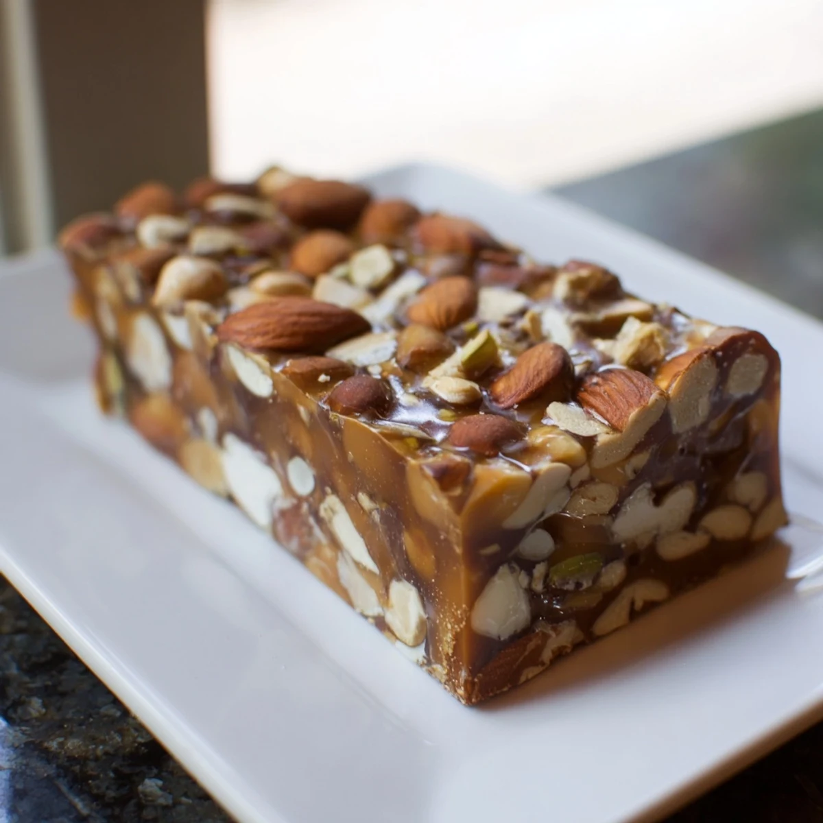 Sweet and sticky Nutty Nougat Snack Bars, boasting a rich honey flavor, perfect as homemade gifts.