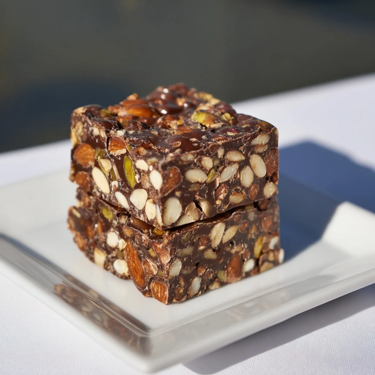 Golden, chewy Nutty Nougat Snack Bars, studded with roasted nuts, ready to eat for a treat.