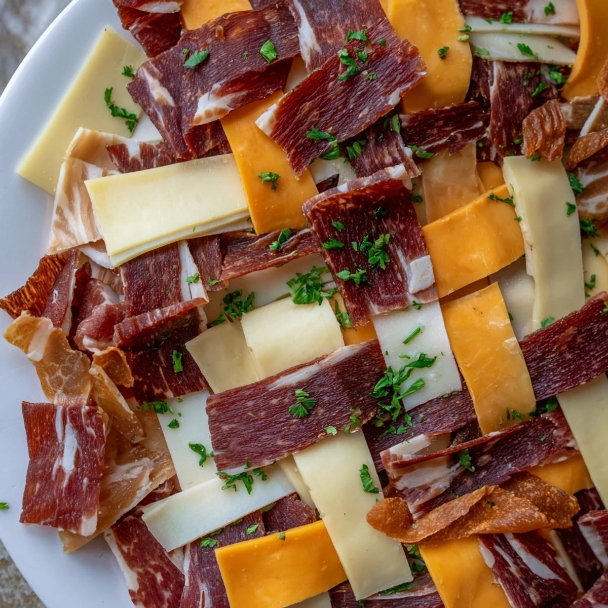 Tartan Plaid appetizer, a mouthwatering charcuterie arrangement of savory jerky and creamy cheese.