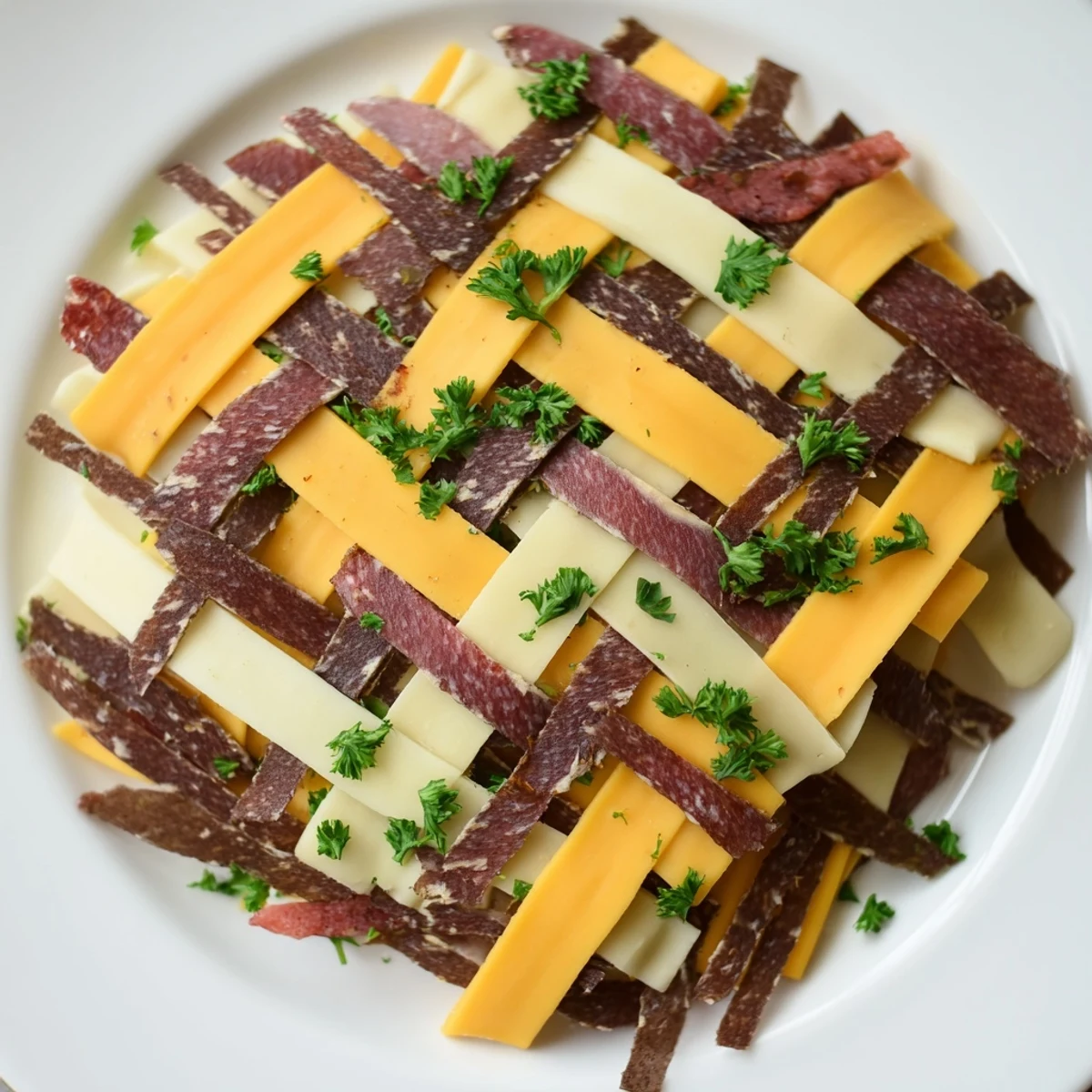 Close-up of The Tartan Plaid, showcasing the woven jerky and cheese in a delicious arrangement.