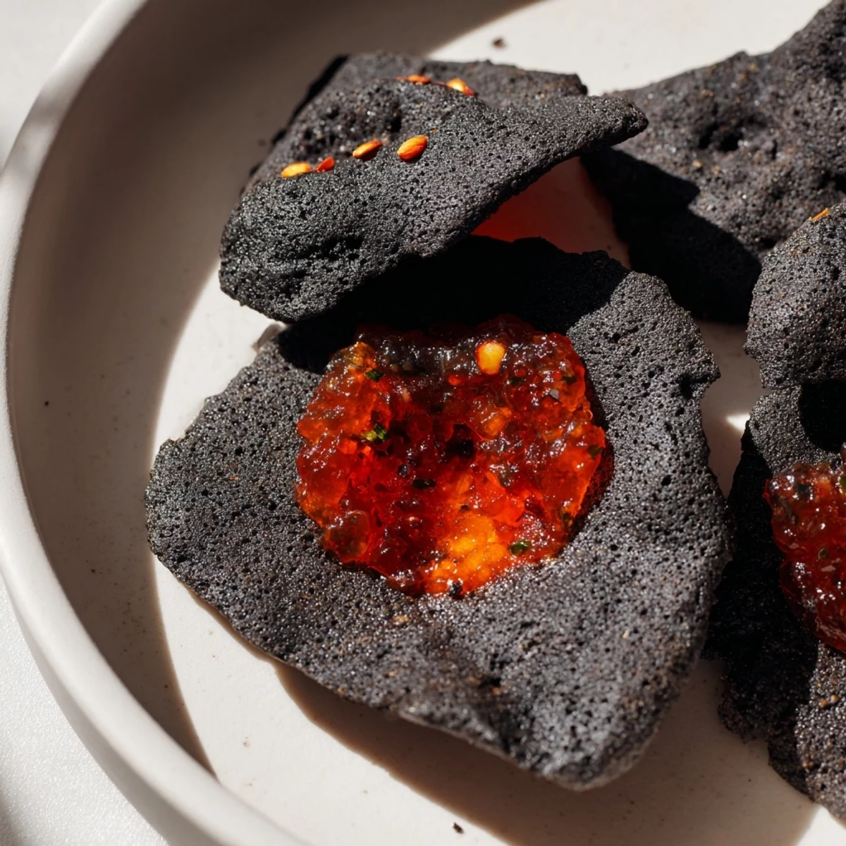 Black, crispy crackers surrounding a volcano of fiery red pepper jelly, making the Volcanic Flow visually stunning.