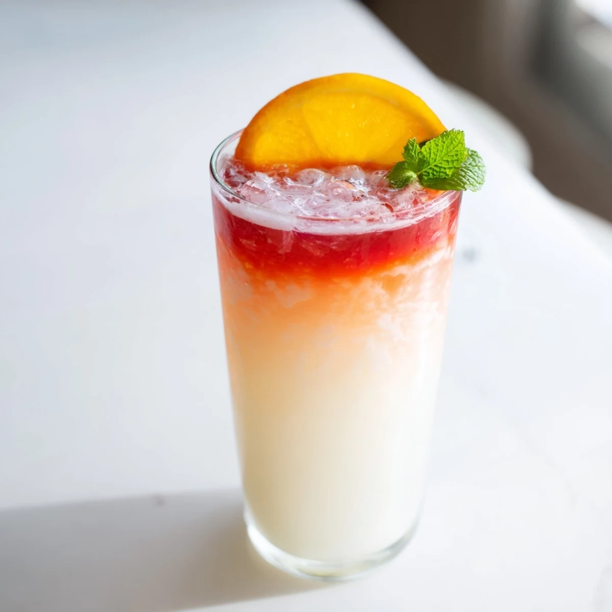 Alpine Sunrise mocktail layered with white coconut, orange, and red grenadine, perfect as a refreshing brunch drink.