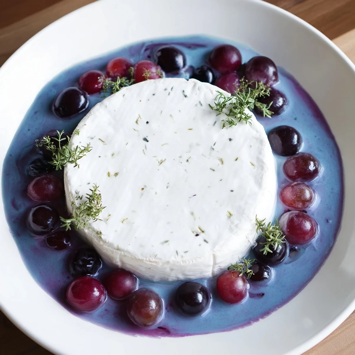 A decadent "Floating Island" appetizer displays a cheese wheel on a sea of blue yogurt.