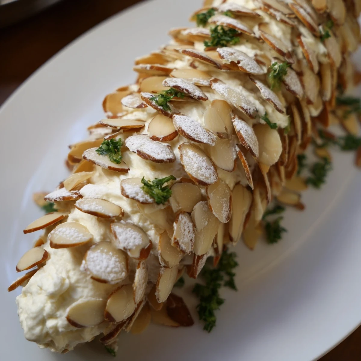 Edible snowy pinecone centerpiece surrounded by green grapes and rosemary, ready to serve this winter.