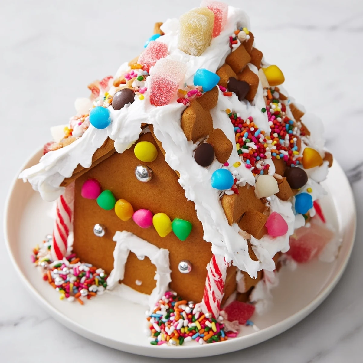 A beautifully decorated gingerbread house recipe, showcasing colorful candies and glistening royal icing.