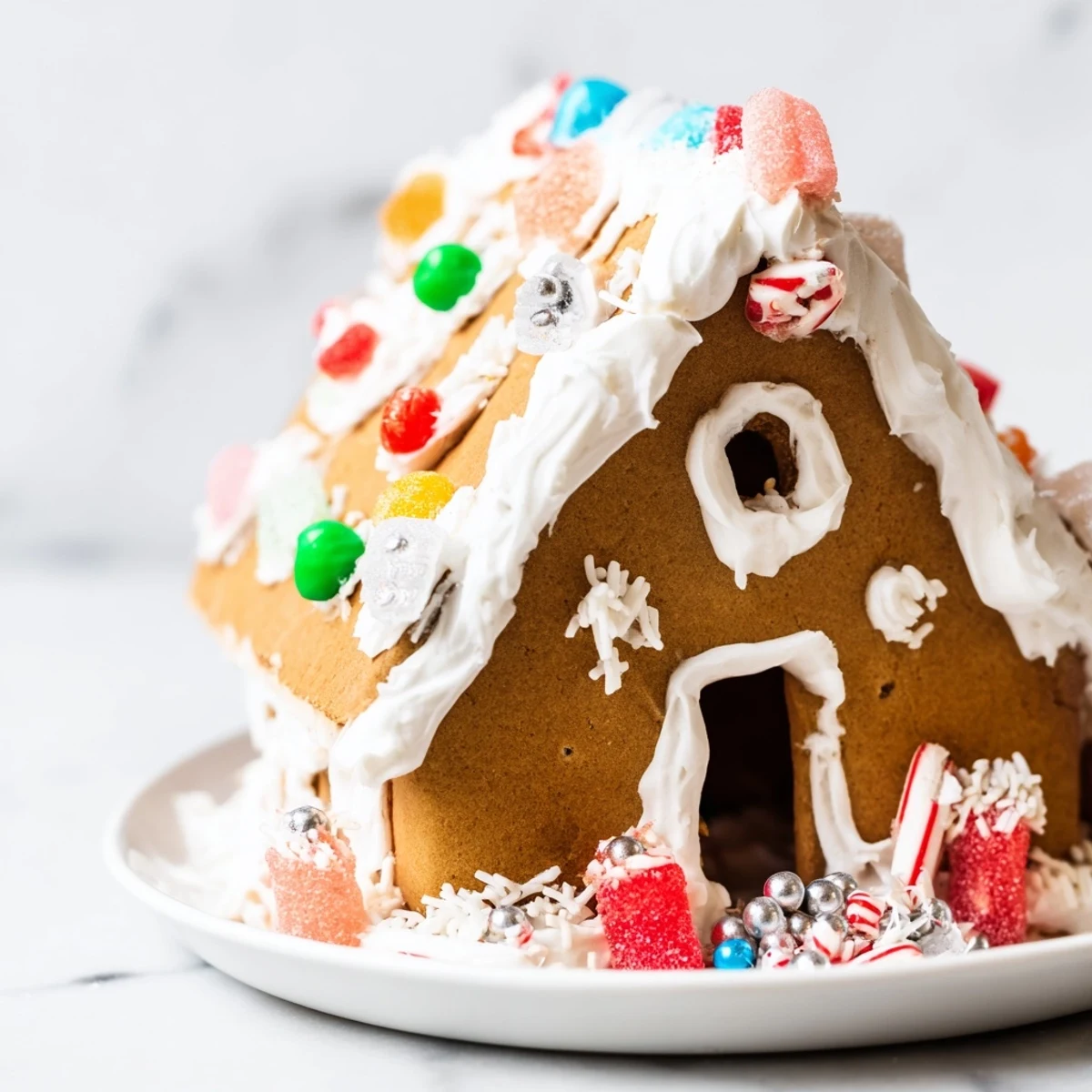 This homemade gingerbread house features intricate details and festive candy decorations, ready to eat.