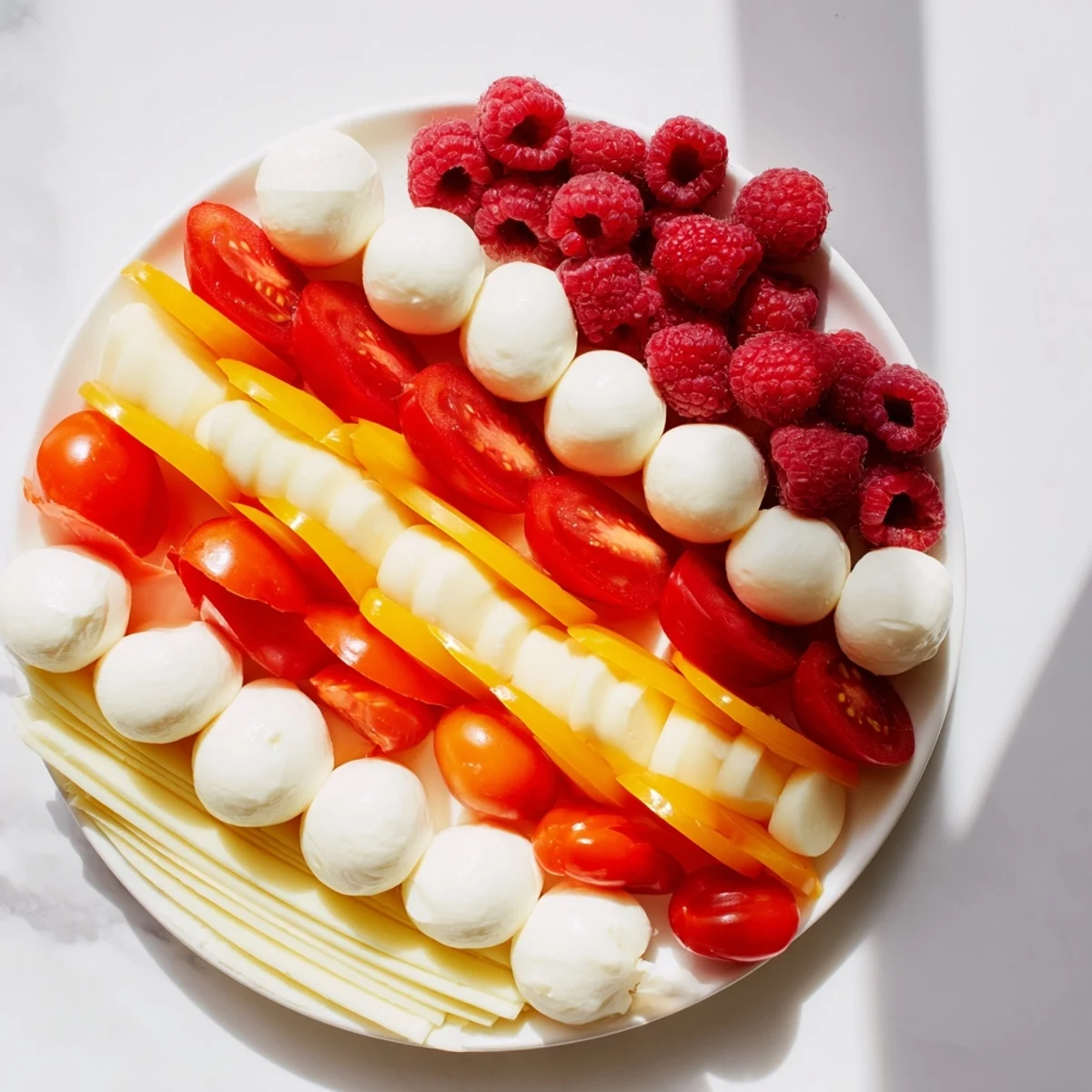 This peppermint stripe celebration appetizer features alternating rows of red fruits and white cheeses, perfect holiday food.