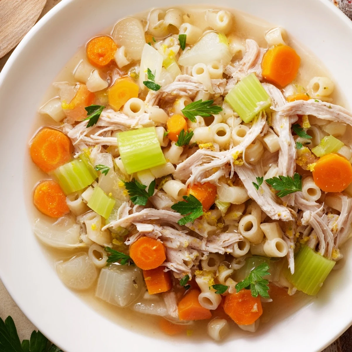 Chicken and Ditalini Flu Fighter Soup in a steaming bowl, garnished with parsley and lemon.