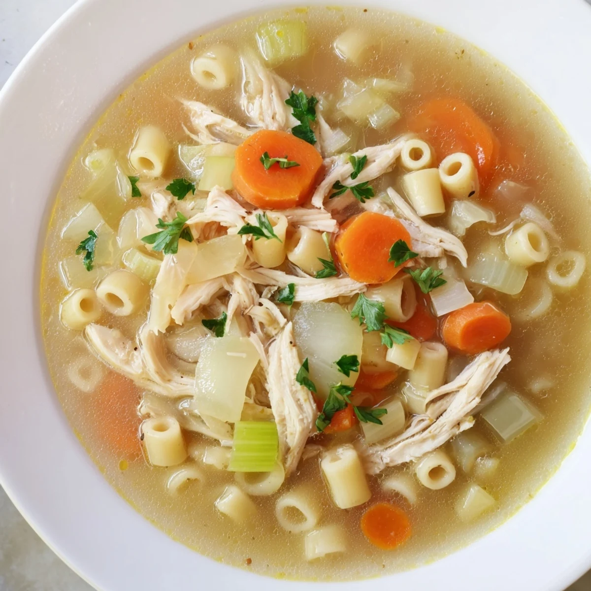 A close-up of a hearty bowl filled with flavorful Chicken and Ditalini Flu Fighter Soup.
