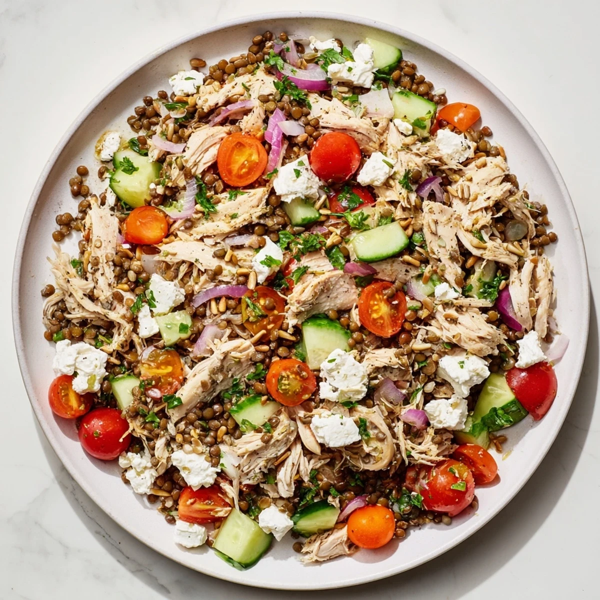 Chicken and Lentil Recession Salad, a vibrant mix of chicken and fresh summer vegetables, ready to serve.