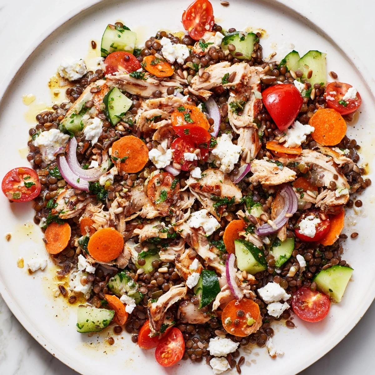 This Chicken and Lentil Recession Salad showcases tender chicken, hearty lentils, and a tangy dressing, perfect for lunch.