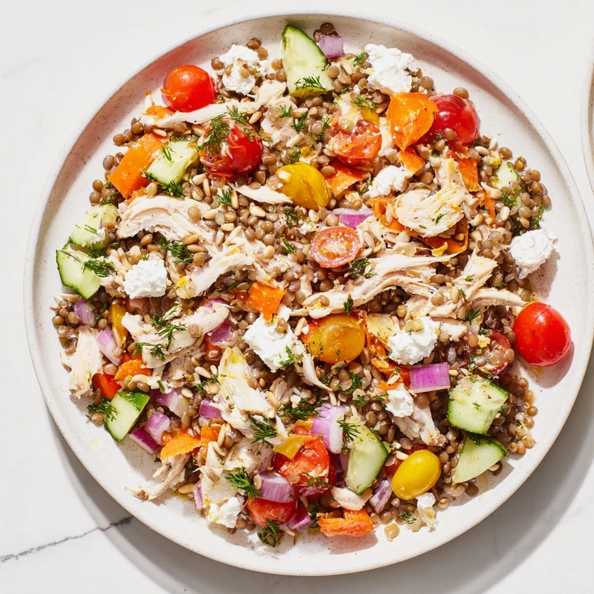 A close-up view of Chicken and Lentil Recession Salad, a flavorful, healthy salad topped with feta and seeds.