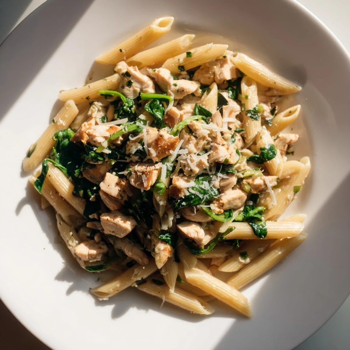 Savory One-Pot Spinach and Chicken Pasta, brimming with spinach, cooked with chicken and pasta perfectly.
