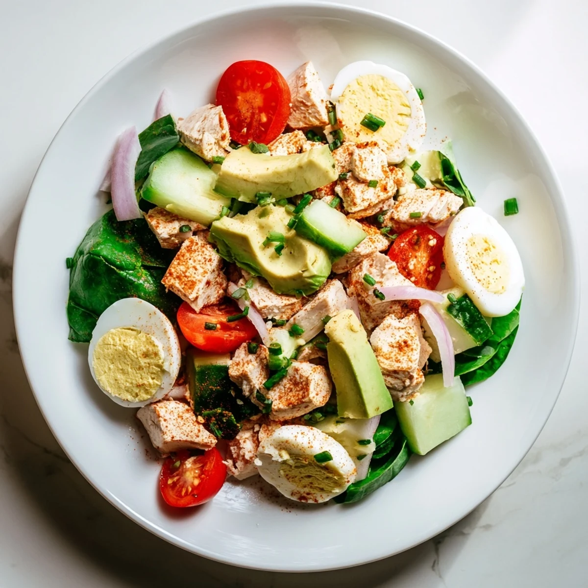 High-Protein Chicken and Egg Salad, a vibrant mix of chicken, eggs, and fresh veggies.