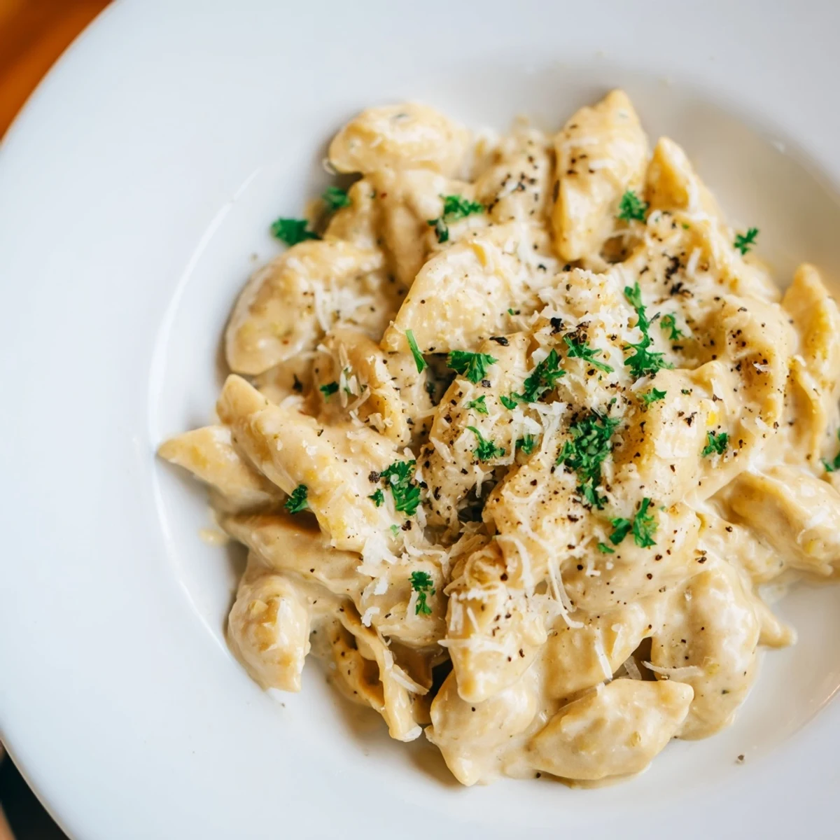 A bowl of this High-Protein Mac & Cheese, with a sprinkle of parsley, is pure comfort food.