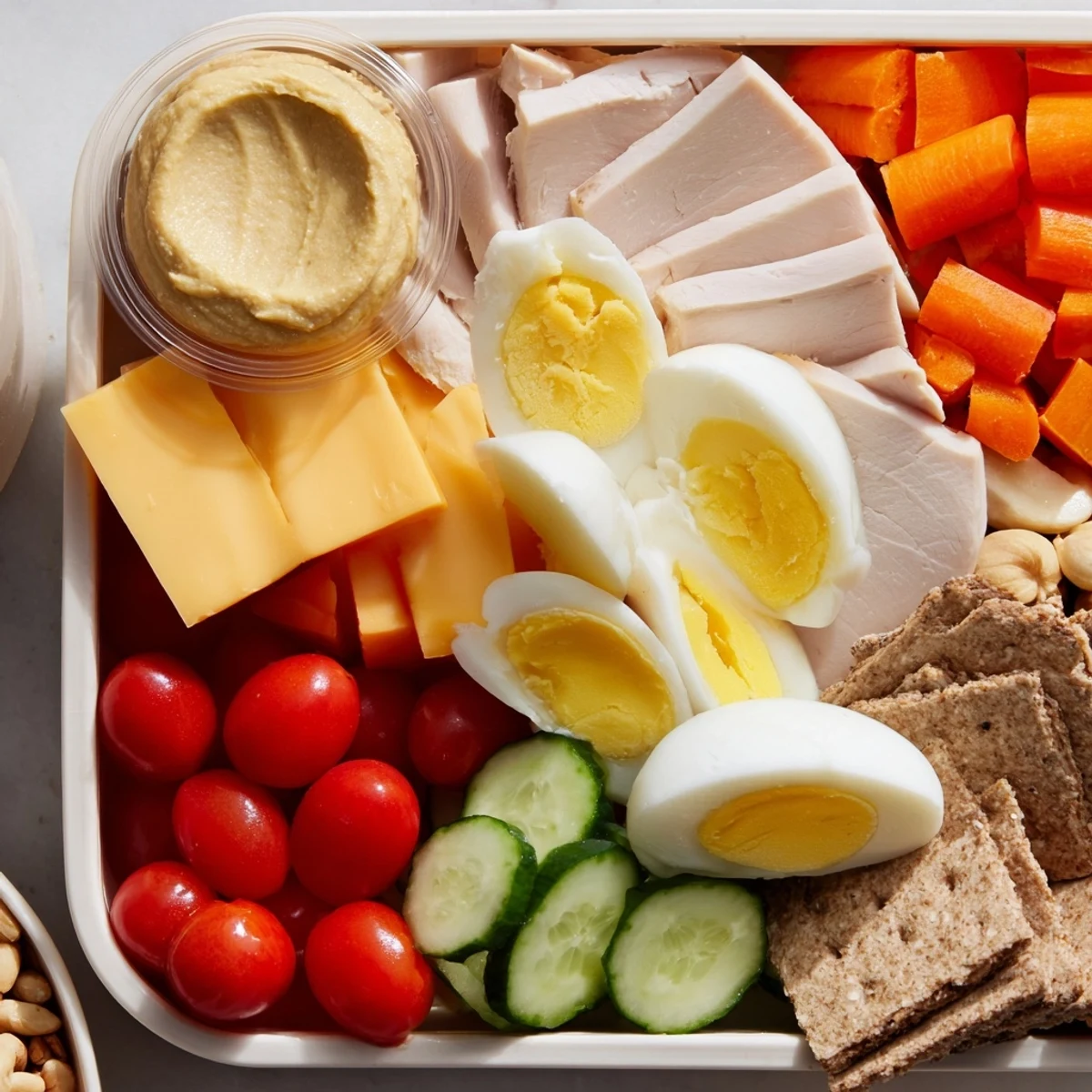 Freshly prepared protein snack boxes, featuring sliced chicken, fruit, and hummus for a healthy lunch.