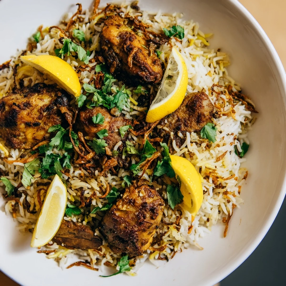 Golden-hued Easy Chicken Biryani, the Indian rice and chicken dish, is ready to serve with fresh cilantro.