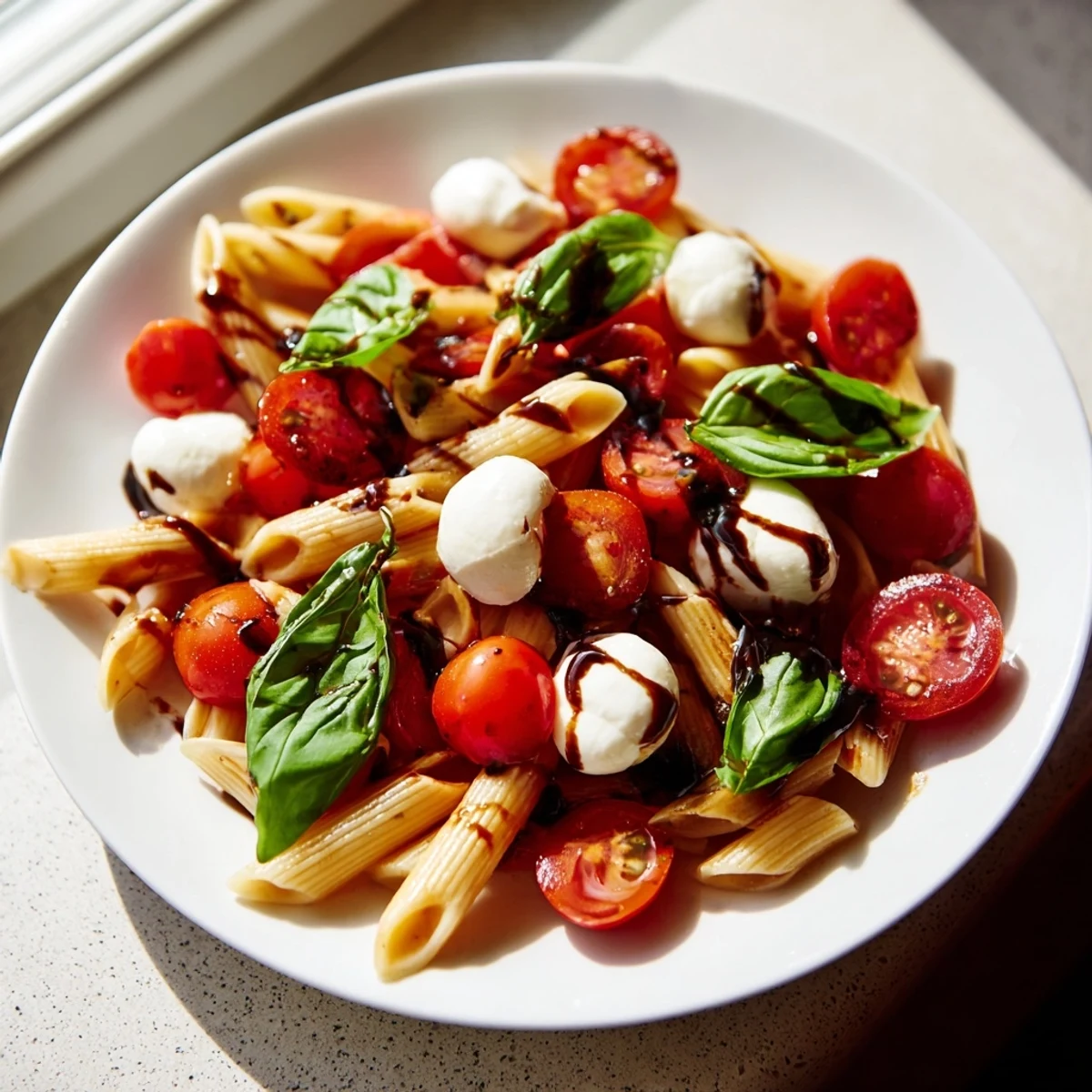 Fresh Caprese Pasta Salad, a colorful mix of tomatoes, mozzarella, and basil, ready to enjoy.