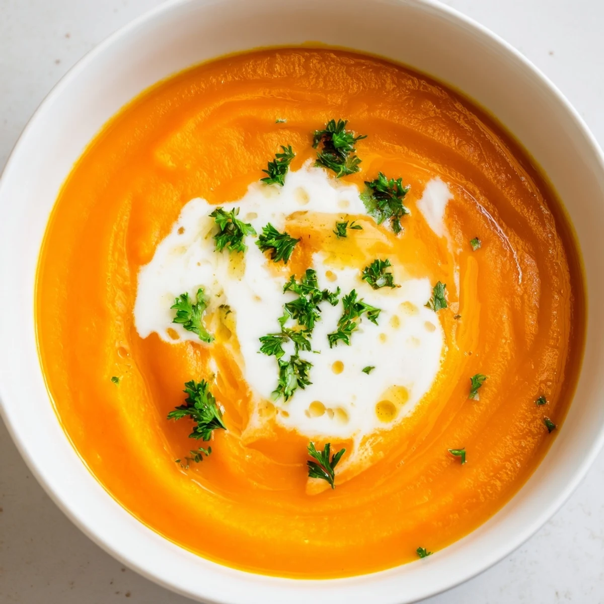 Creamy Sweet Maple Carrot Soup, garnished with parsley and a swirl of yogurt, ready to serve.