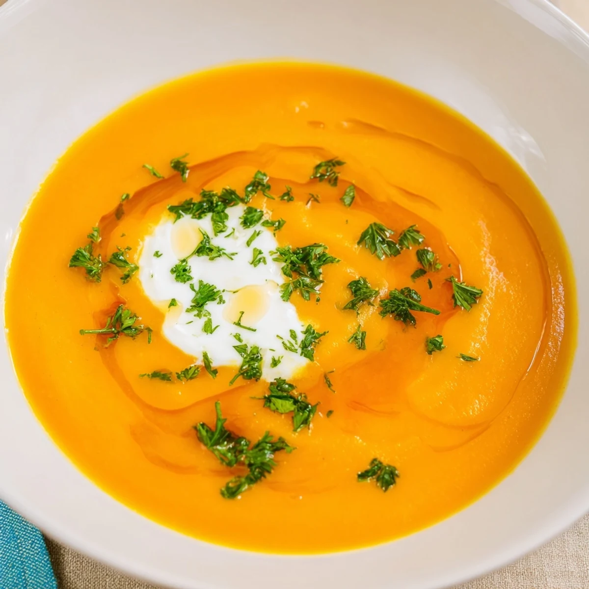 A steaming bowl of vibrant Sweet Maple Carrot Soup, perfect for a cozy, comforting meal.