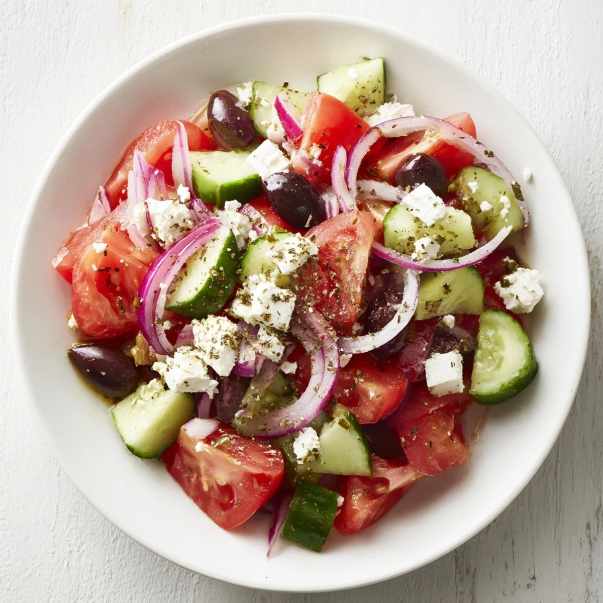 Close view of a delicious Mediterranean salad, inviting with crisp veggies and crumbled feta.