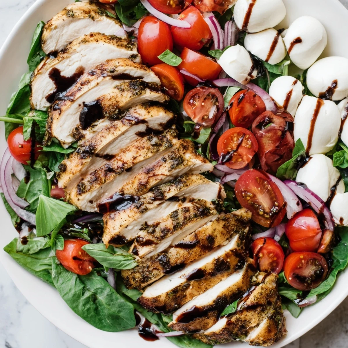 Grilled Caprese Chicken Salad with juicy chicken, fresh tomatoes, and creamy mozzarella, drizzled with balsamic glaze.