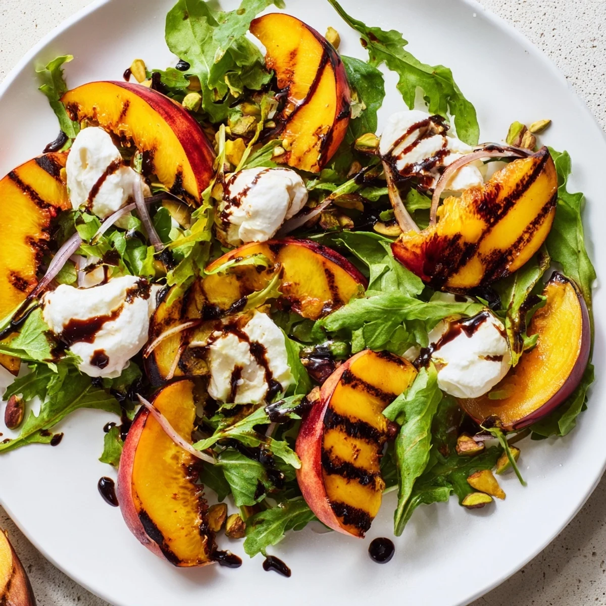 Grilled Peach Salad with charred peaches, creamy burrata, and balsamic glaze makes a flavorful meal.
