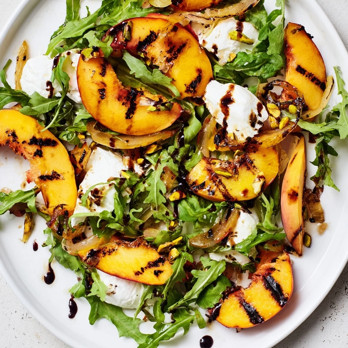 Enjoy the sweet and savory combination of this Grilled Peach Salad with balsamic and nuts.