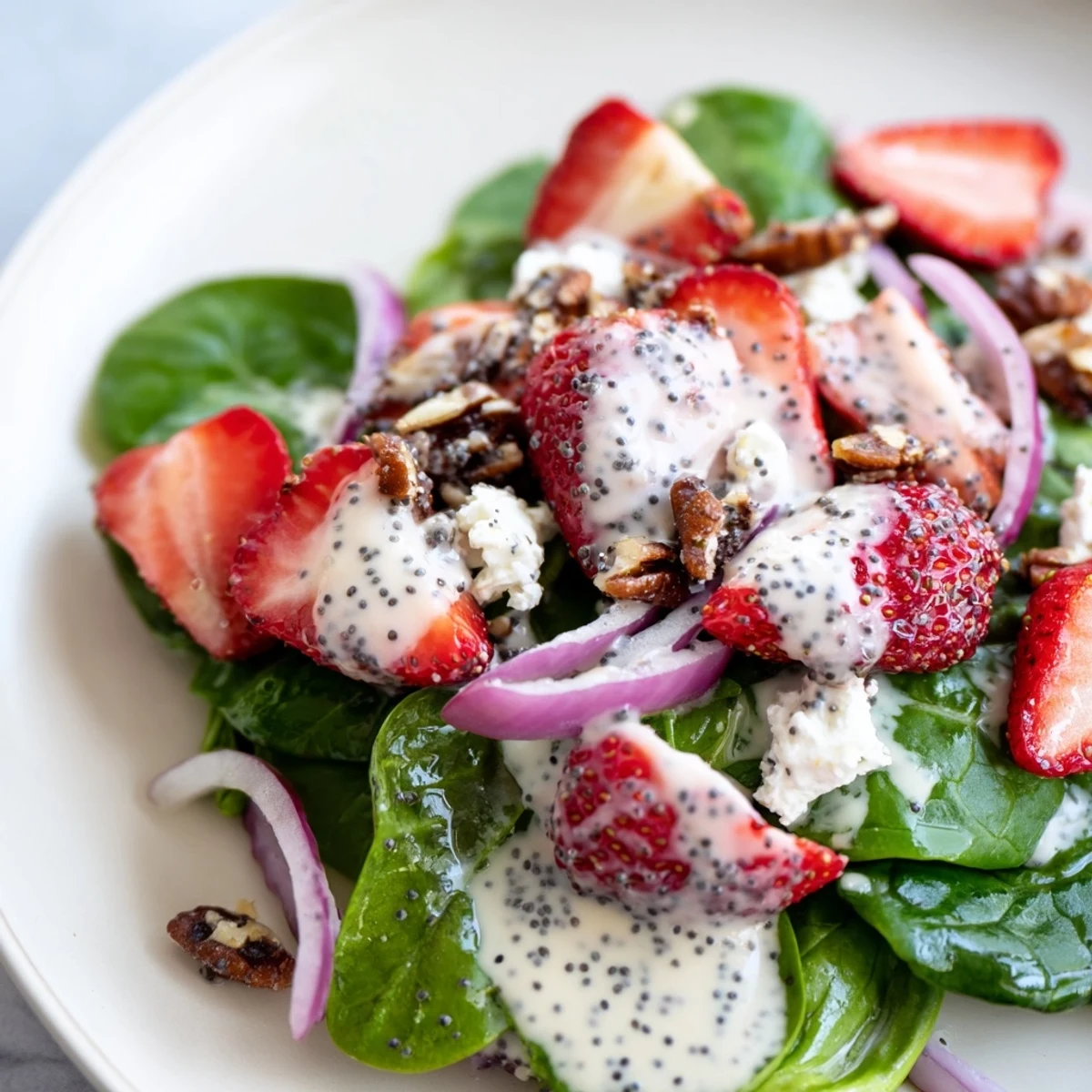 Fresh Strawberry Spinach Salad with bright red strawberries and candied pecans, perfect for summer.