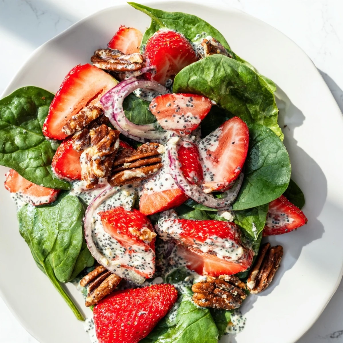 This homemade Strawberry Spinach Salad features a creamy poppy seed dressing, ready in minutes.