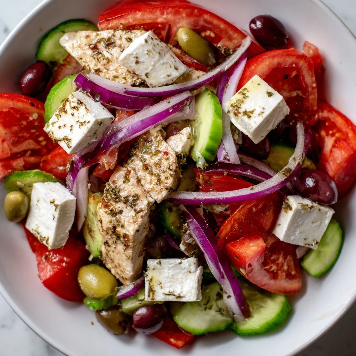 Grilled chicken slices top the colorful Greek salad with juicy tomatoes and feta.